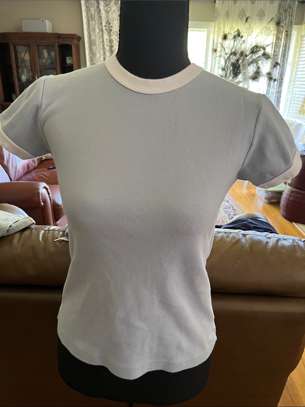Brandy Melville Light blue Short-Sleeve Ringer Tee with white Trim- ringer T.